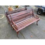 Pair of matching garden benches with metal frames and wooden slats (A/F)
