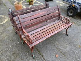 Pair of matching garden benches with metal frames and wooden slats (A/F)