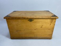 Antique furniture, continental pine blanket chest with internal candle box, brass corner