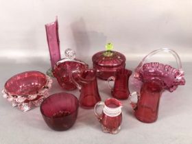 Antique Glass, collection of Victorian and Edwardian Cranbury glassware to include basket Bon Bon