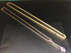 Two unmarked gold chains one rope chain design the other with amethyst drops total weight 8g