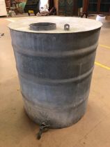 Industrial galvanised ridged round metal storage tank approximately 65 cm across 76cm high