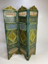 Moorish Moroccan 3 fold screen or room divider, each panel with hand painted designs and set with