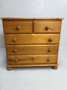 Pine Furniture, modern Pine cottage chest of drawers, run of 3 drawers with 2 above on bun feet,