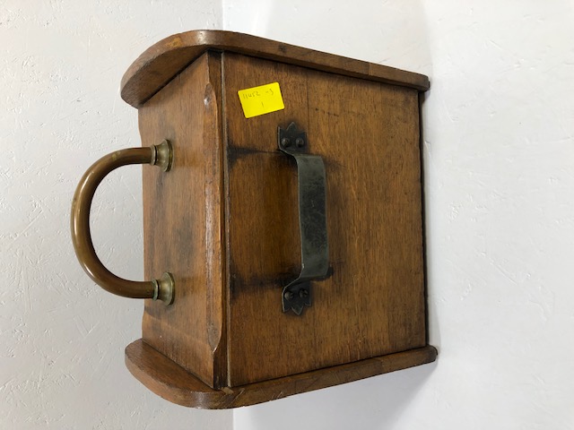 Antique blond Oak wooden coal scuttle, lifting front with brass fittings A.F - Image 4 of 6