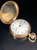 Waltham USA Full Hunter 9ct Gold Pocket watch with white dial and subsidiary dial at 6 o'clock.