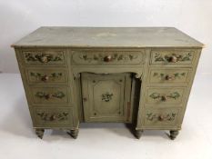 Antique furniture, continental painted pine pedestal desk with central cupboard and over drawer