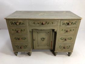 Antique furniture, continental painted pine pedestal desk with central cupboard and over drawer