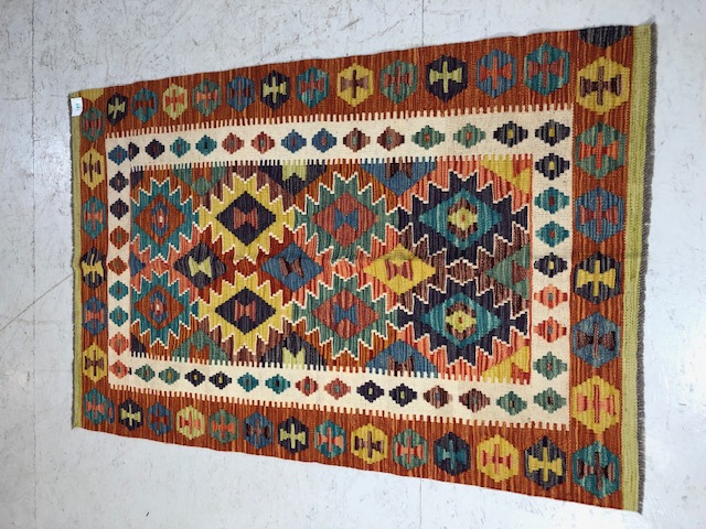 Oriental Rug, Wool hand knotted Chobi Kilim rug with geometric design approx 152 x x100cm