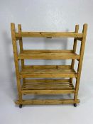 Antique furniture, Continental pine 4 tier slatted industrial style pot rack on casters,