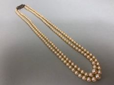 Cultured Pearls, graduated 2 strand cultured pearl necklace with silver marcasite clasp in case,