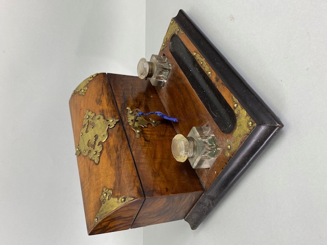 Antique desk set, late Victorian flame mahogany desk set comprising of a brass mounted letter - Image 2 of 9