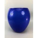 Art Glass, 20th century blue studio glass vase lined with white glass approximately 26cm high