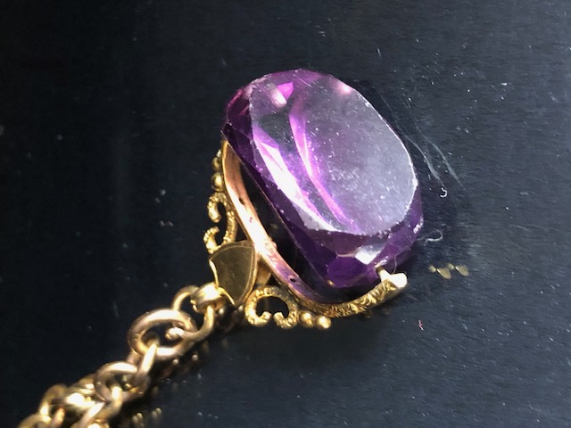 9ct Gold Double Albert chain with Large Amethyst (24mm x 17mm) spinning fob in gold mount with blank - Image 3 of 14