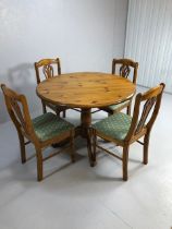 Pine furniture, modern round 4 seater dining table on 4 leg round turned pedestal and 4 matching