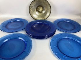 Vintage glass, 8 blue glass charger plates of frosting and bubble design approximately 33cm across