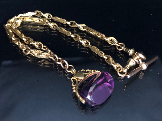 9ct Gold Double Albert chain with Large Amethyst (24mm x 17mm) spinning fob in gold mount with blank - Image 2 of 14