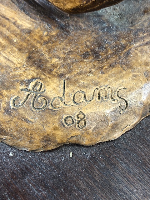 Carved wooden sculpture of a naked woman on a beach signed ADAM'S 08, and inscribed "Sea, Sex & - Image 7 of 8