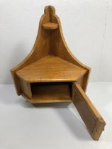 Arts and crafts style blonde Oak corner cupboard and display shelf approximately 69cm high 37cm