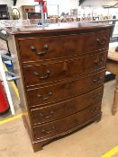 Furniture, modern reproduction of a bow fronted chest of drawers in burr maple finish, run of 5