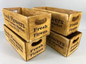 Four vintage-style wooden boxes marked 'Fresh Flowers, Covent Garden Market', each approx 28cm x