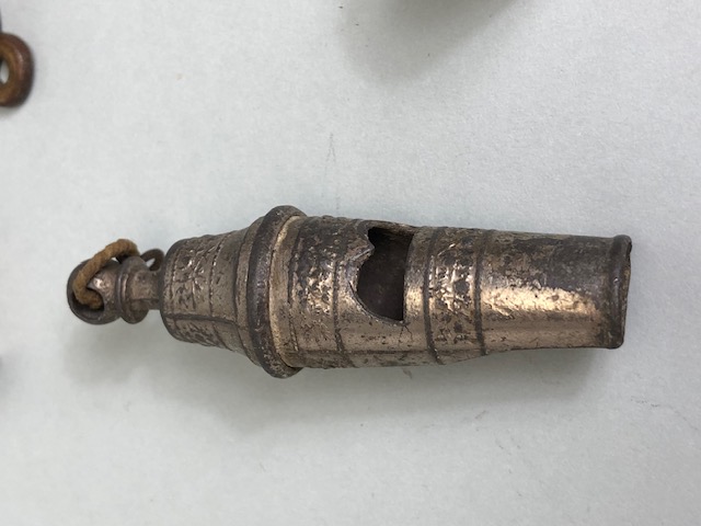 Collection of curios to include a silver hallmarked Albert and chain, railway interest whistles, - Image 2 of 9