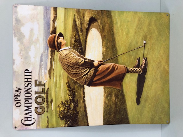 Enamel style vintage sign advertising interest for the "Open Championship Golf" size approx 40 x