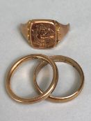 Two 9ct Gold bands/ rings and a 9ct Gold scrap ring total weight approx 7.2g