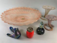 Vintage Glass to include Mdina style chess knight, 2 opaque Lilly vases, volcano mustard pot, an