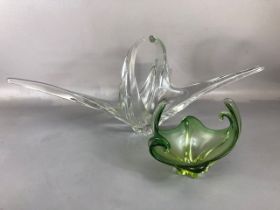 Art Glass, 2 items of Italian studio glass being dishes made from wave shapes green and clear