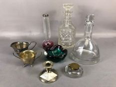 Miscellaneous items: silver rimed glass stem vase, a lidded ink well, EPNS milk jug, sugar basin and