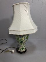 Table Lamp base of Chinese bolster vase shape decorated with flowers and leaves with cream fabric