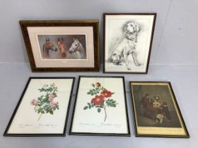 Collection of decorative framed prints, one of race horses, 2 of Roses, one of a dog, one