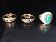 9ct gold rings 3 stone set rings being one gypsy set with blue stones, one set with 5 sapphires, one