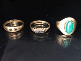 9ct gold rings 3 stone set rings being one gypsy set with blue stones, one set with 5 sapphires, one