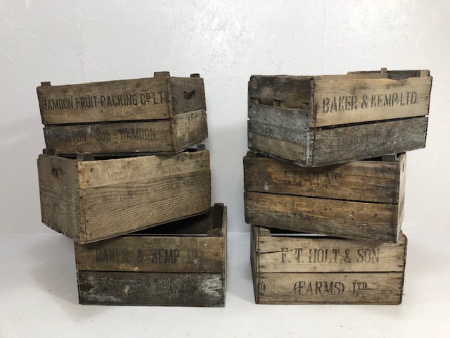Wooden Crates, six vintage stackable wooden apple or farm crates with stenciled company names,