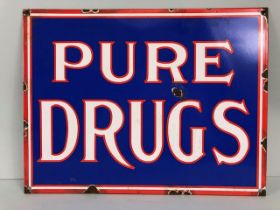 Enamel Advertising sign 'PURE DRUGS', approximately 38 x 29 cm