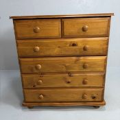 Pine Furniture, modern pine chest of drawers, run of 4 drawers with 2 above, scroll shaped top and