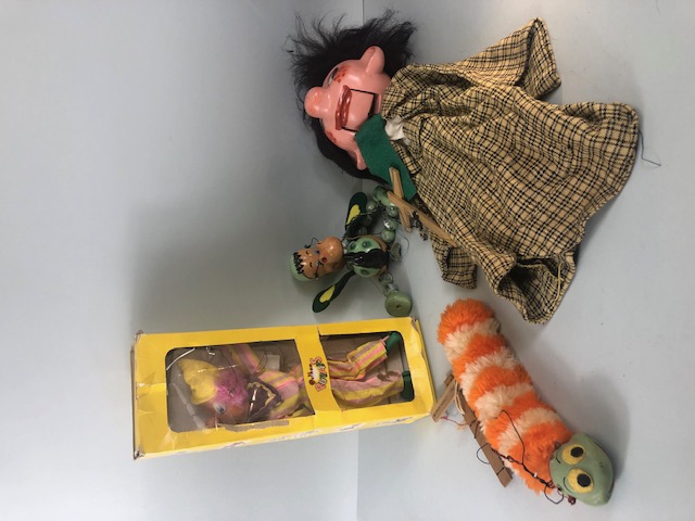 Pelham puppets, 3 vintage pelham puppets to include baby dragon, caterpillar in orange and cream ,