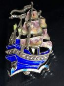 Silver 925 marcasite and enamel brooch depicting a ship or Galleon makers mark to reverse "L S". The