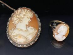 Marked "9ct GOLD" a cameo ring size 'S' and a continental cameo brooch in a silver frame marked 800