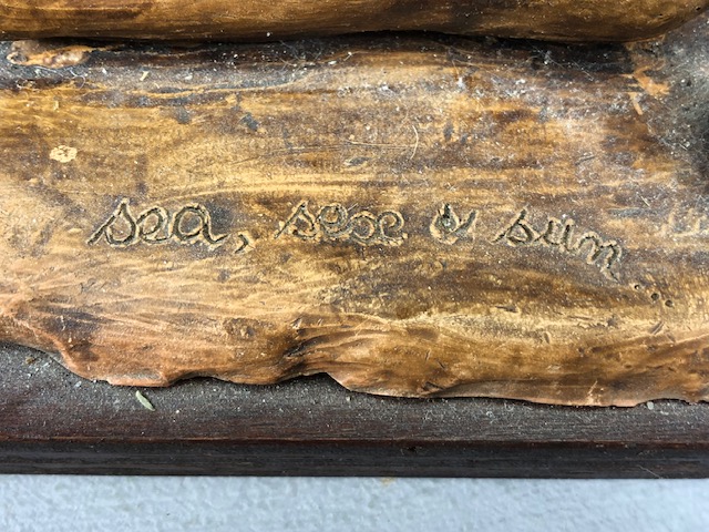 Carved wooden sculpture of a naked woman on a beach signed ADAM'S 08, and inscribed "Sea, Sex & - Image 8 of 8