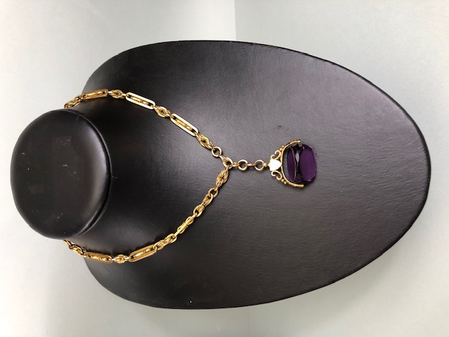 9ct Gold Double Albert chain with Large Amethyst (24mm x 17mm) spinning fob in gold mount with blank - Image 4 of 14