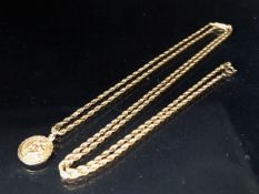 9ct Gold St Christopher pendant on a 9ct Gold rope twist chain approx 68cm in length and total