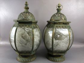 Pair of large decorative metal and glass lanterns, each approx 52cm in height