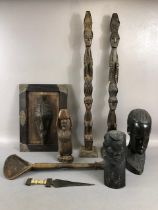 Tribal interest, collection of carved wooden tribal items to include 2 hard wood busts , 3 wooden