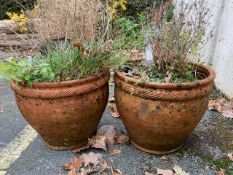 Pair of circular terracotta pots, approx 34cm tall