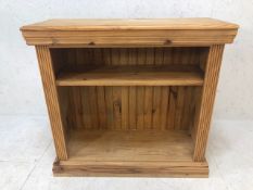 Pine unit with one deep shelf, one shallow, approx 98cm x 40cm x 92cm tall