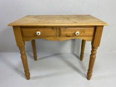 Pine Furniture, modern pine side table with two drawers and turned legs approximately 91 x 52 x