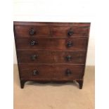 Antique furniture, 19th century chest of 3 drawers with 2 above on scroll pelmet base with turned